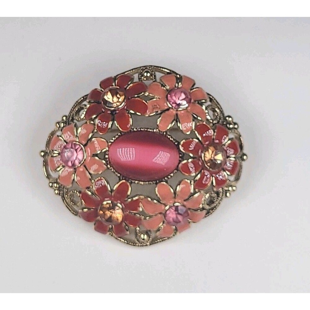 Vtg. Retro Oval Domed Enamel Rine Stone Moon Glow Cabochon brooch